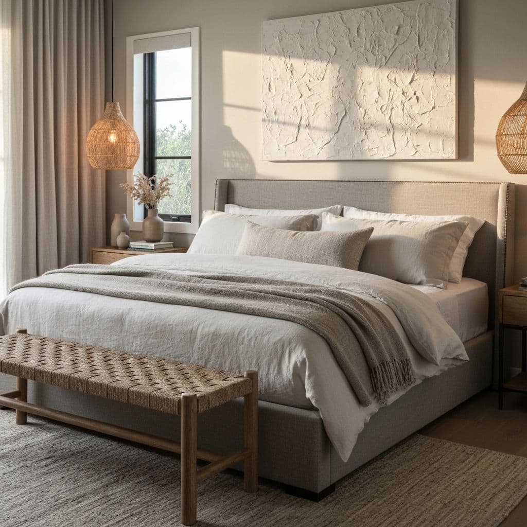 A serenely designed master bedroom with layered linens and a textured wall piece