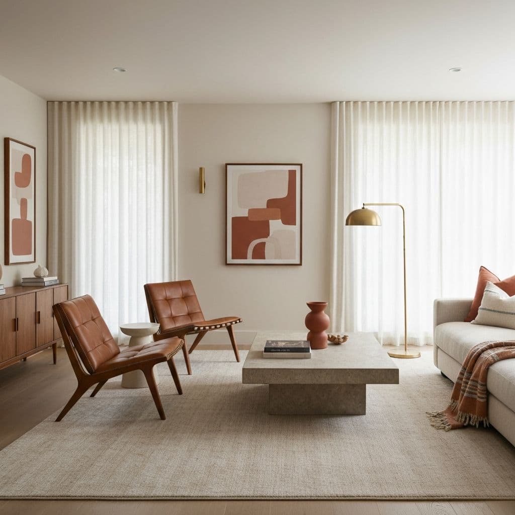 A beautifully designed living room with mid-century lounge chairs and a travertine coffee table
